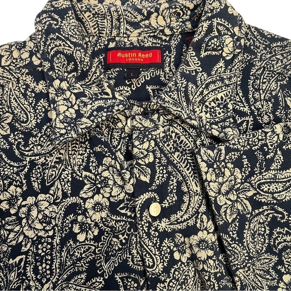 Austin Reed London Navy White Men's Large Short Sleeves Button Down Shirt Cotton